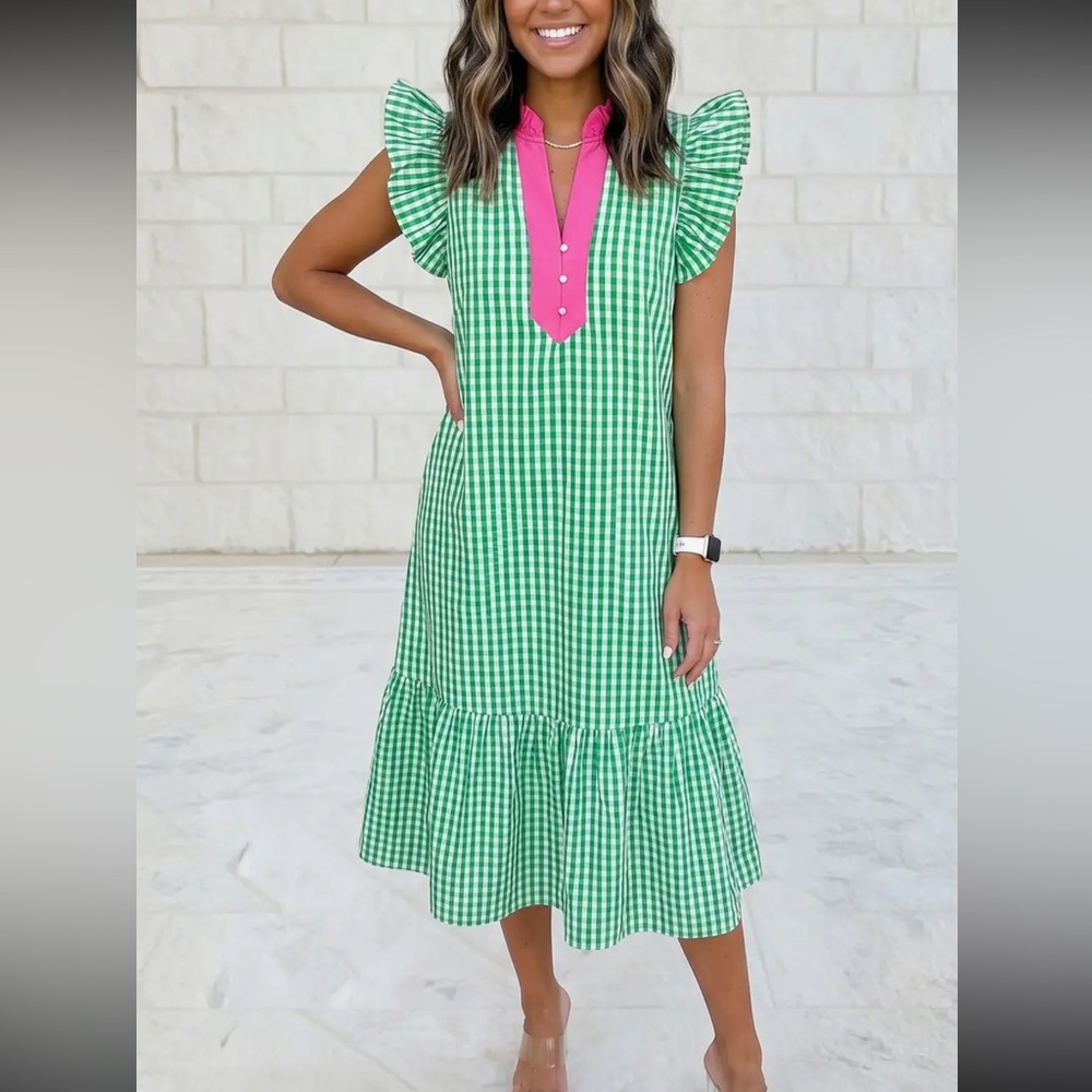 Green Gingham Flutter Sleeve Midi Dress with Pink Trim